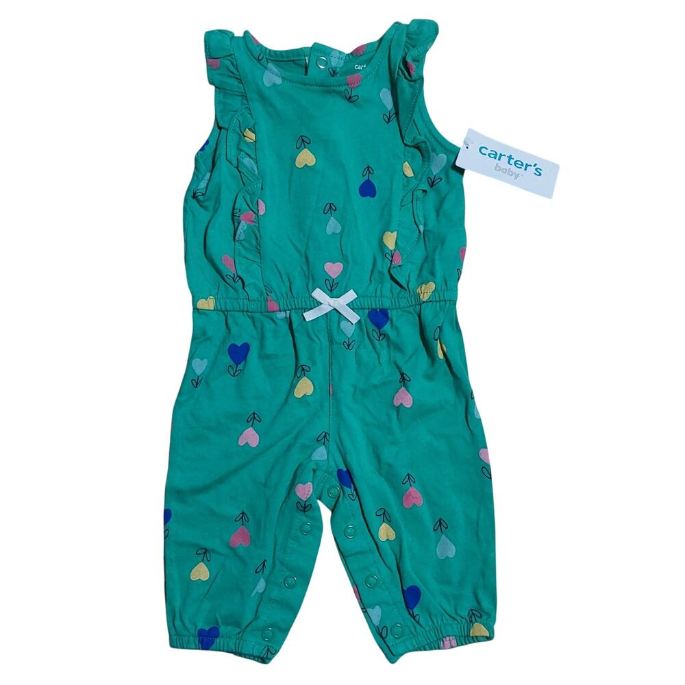 Carters Baby Girl Ruffle Romper Size 3 Months Green Sleeveless Summer Hearts New